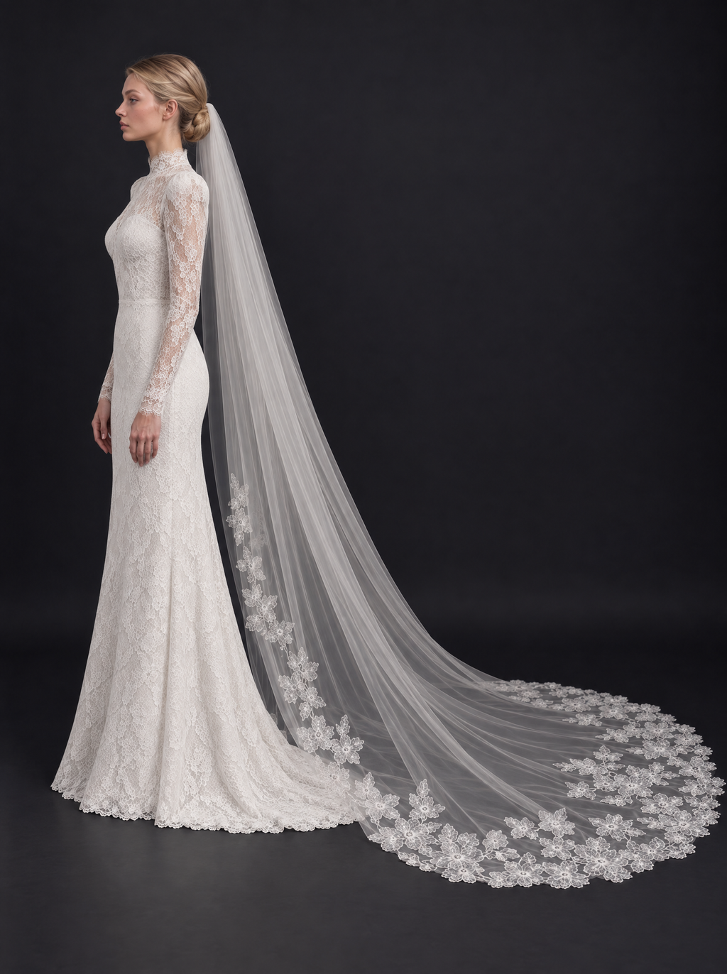 The Marguerite veil — side view with the beaded train