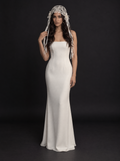The Amara veil — full-length front view with a satin column dress