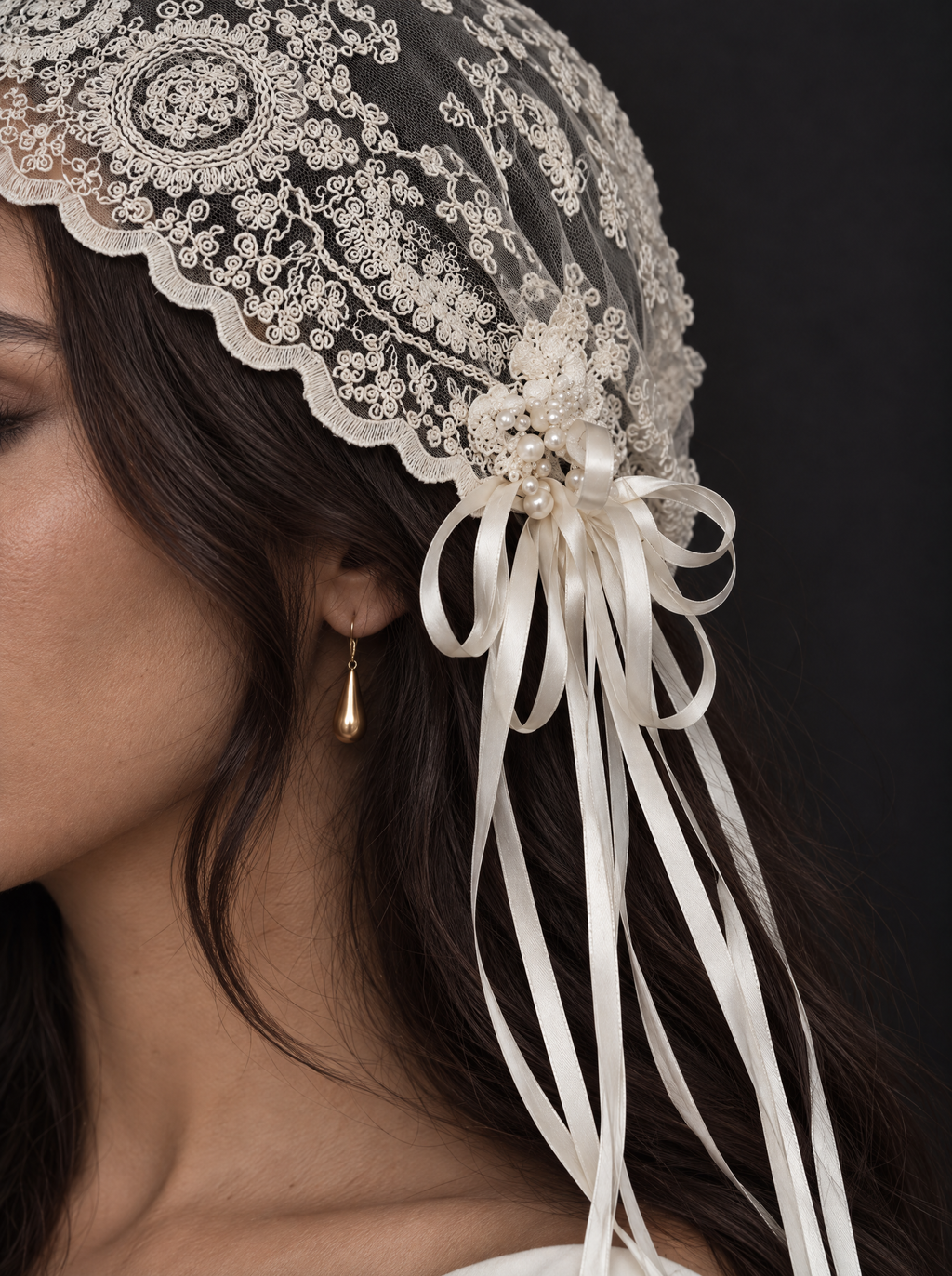 The Amara veil — detail of the beaded lace cap and ribbon bow