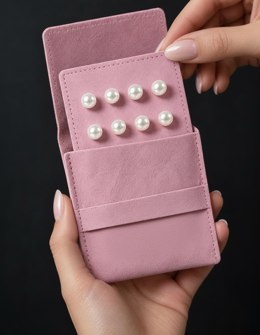 The Pearl Veil Weights — hand holding the pearl card out of its pouch