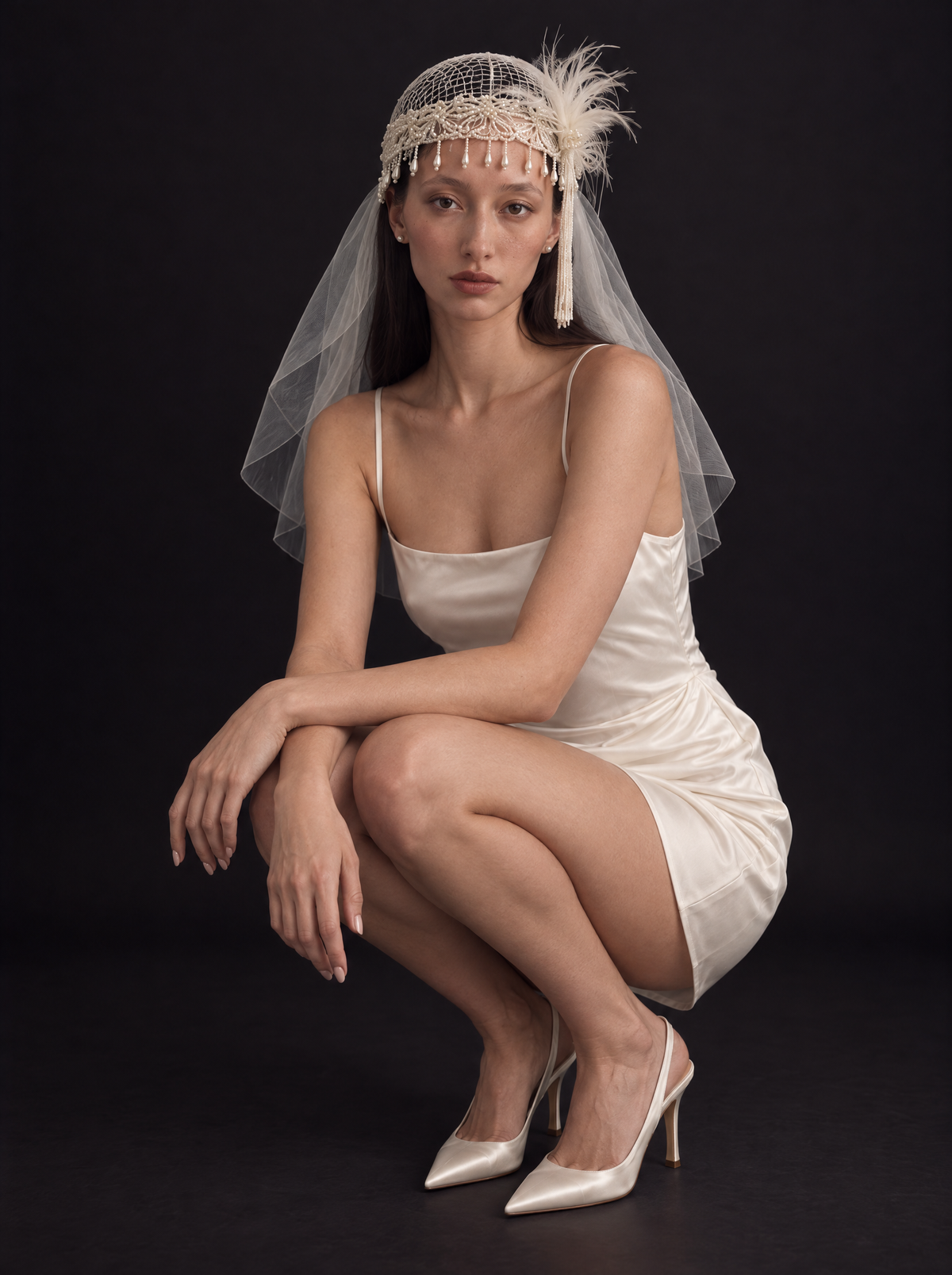 The Isolde veil — bride crouching, front view
