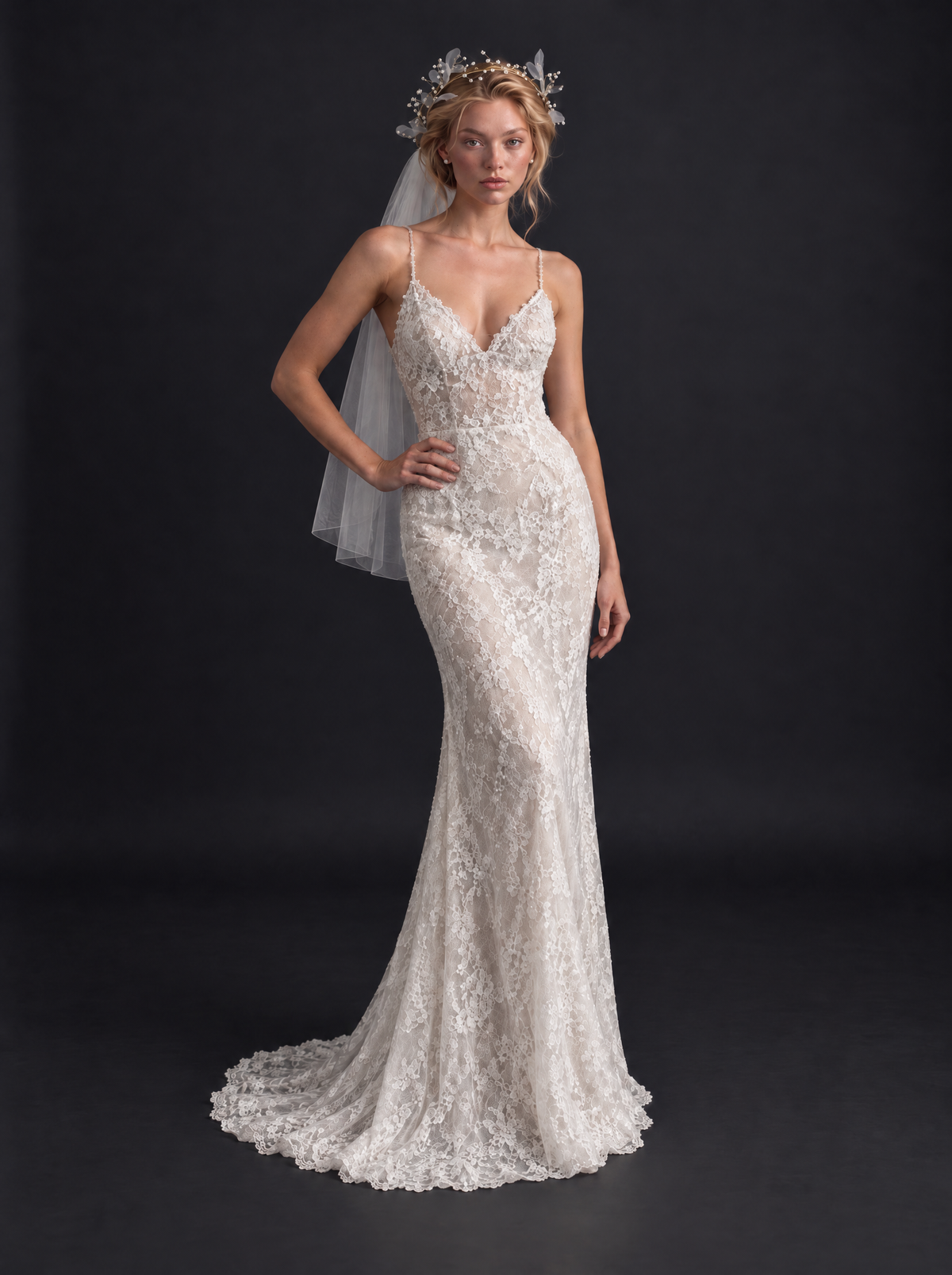 The Ophelia veil — full-length front view with a lace gown