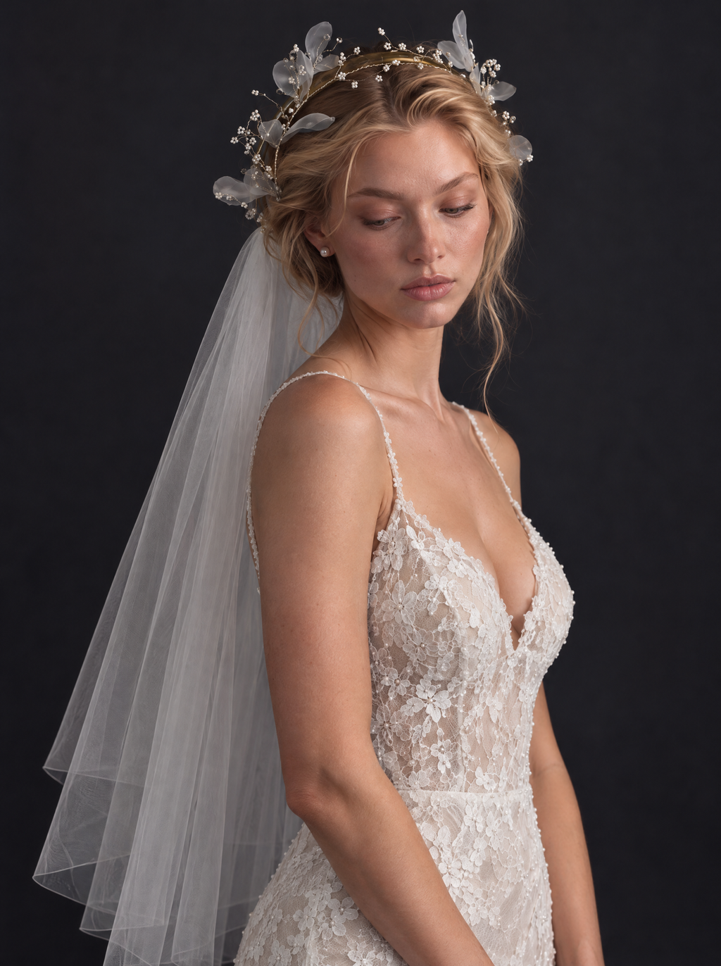 The Ophelia veil — close-up of the beaded hair hoop and soft tulle