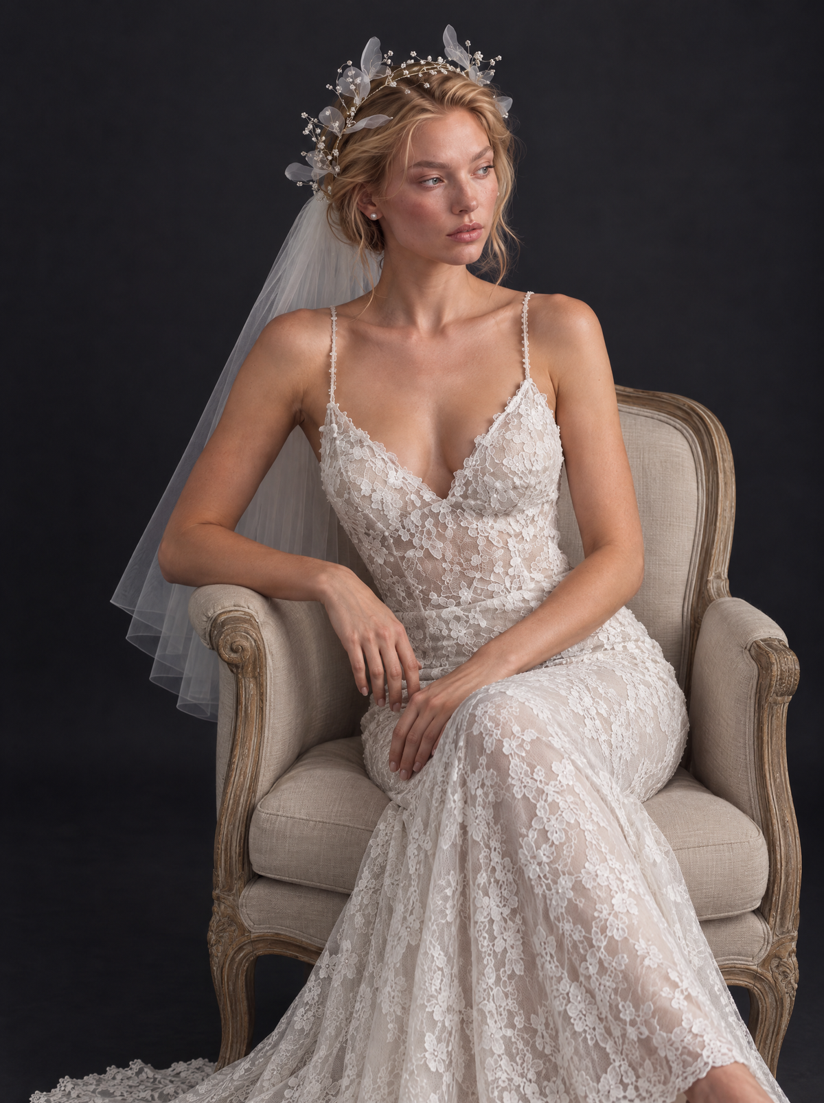 The Ophelia veil — bride seated in an armchair