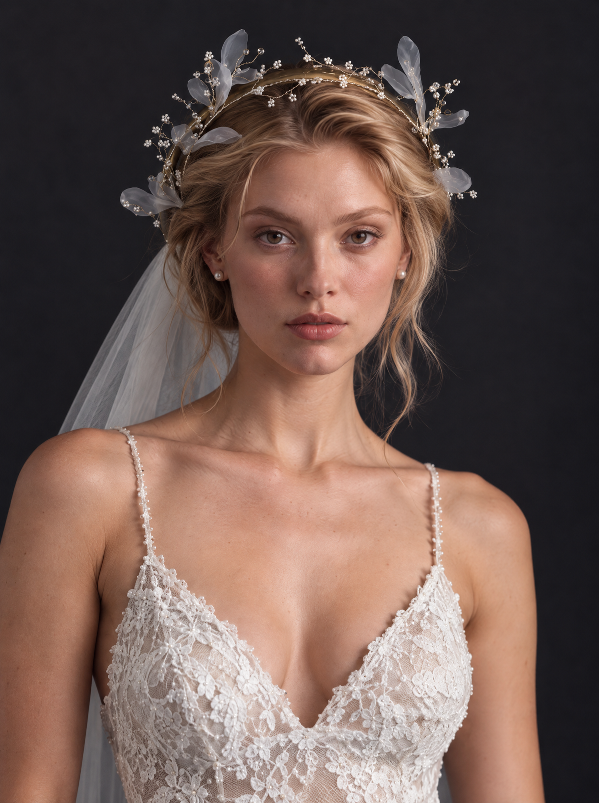 The Ophelia veil — front close-up with the beaded hair hoop