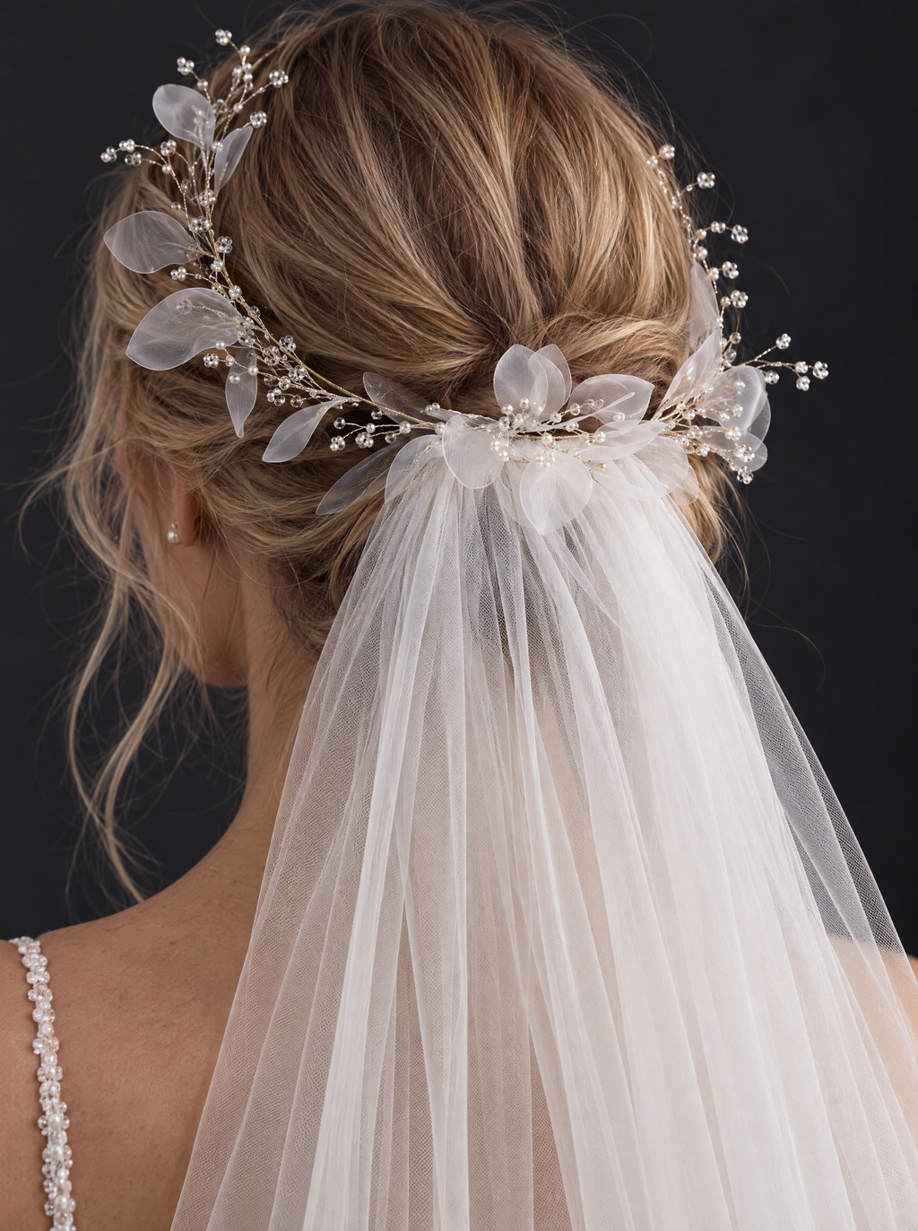 The Ophelia veil — detail of the hair hoop and raw-edge tulle from behind