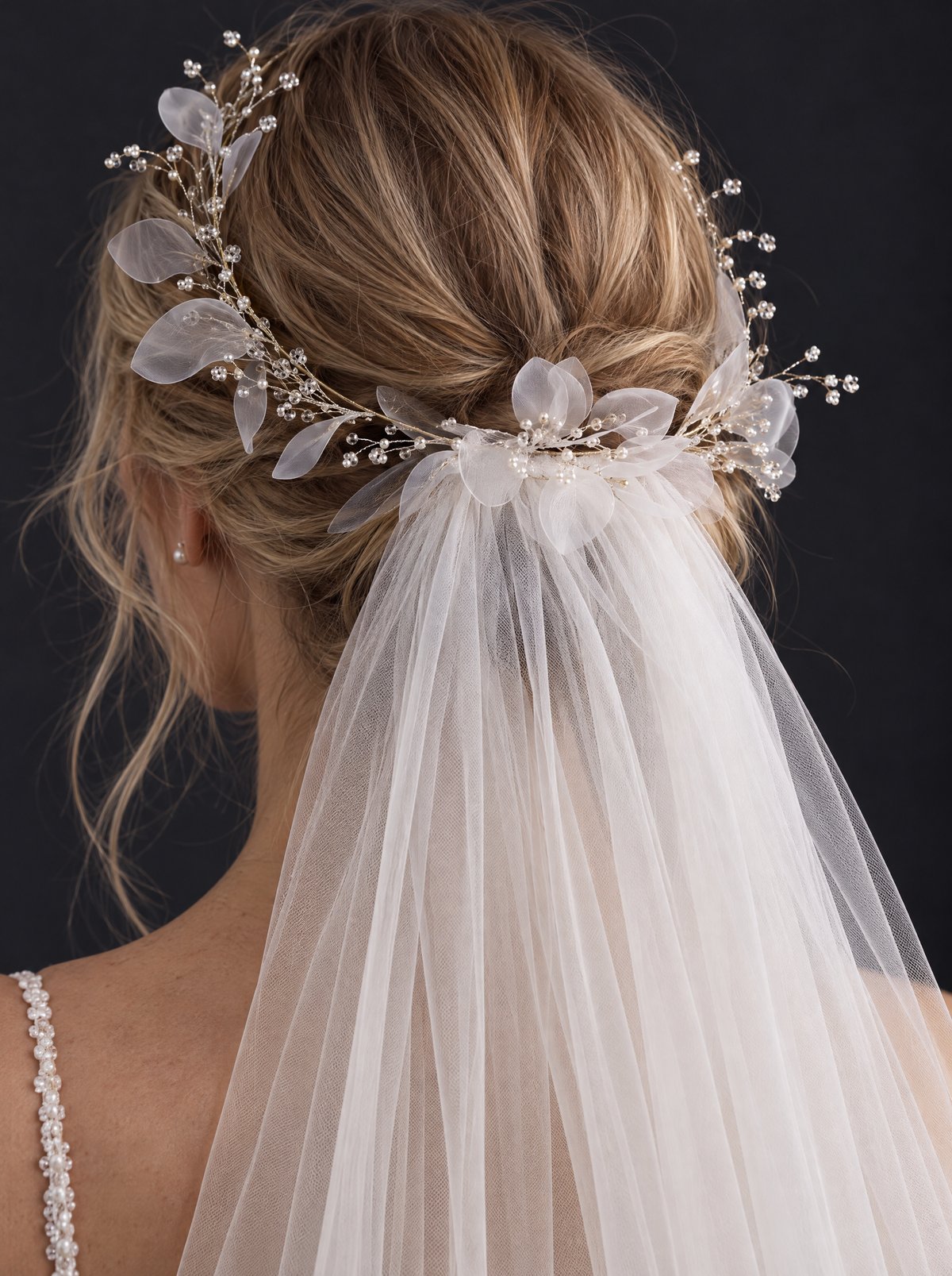 The Ophelia veil — detail of the hair hoop and raw-edge tulle from behind