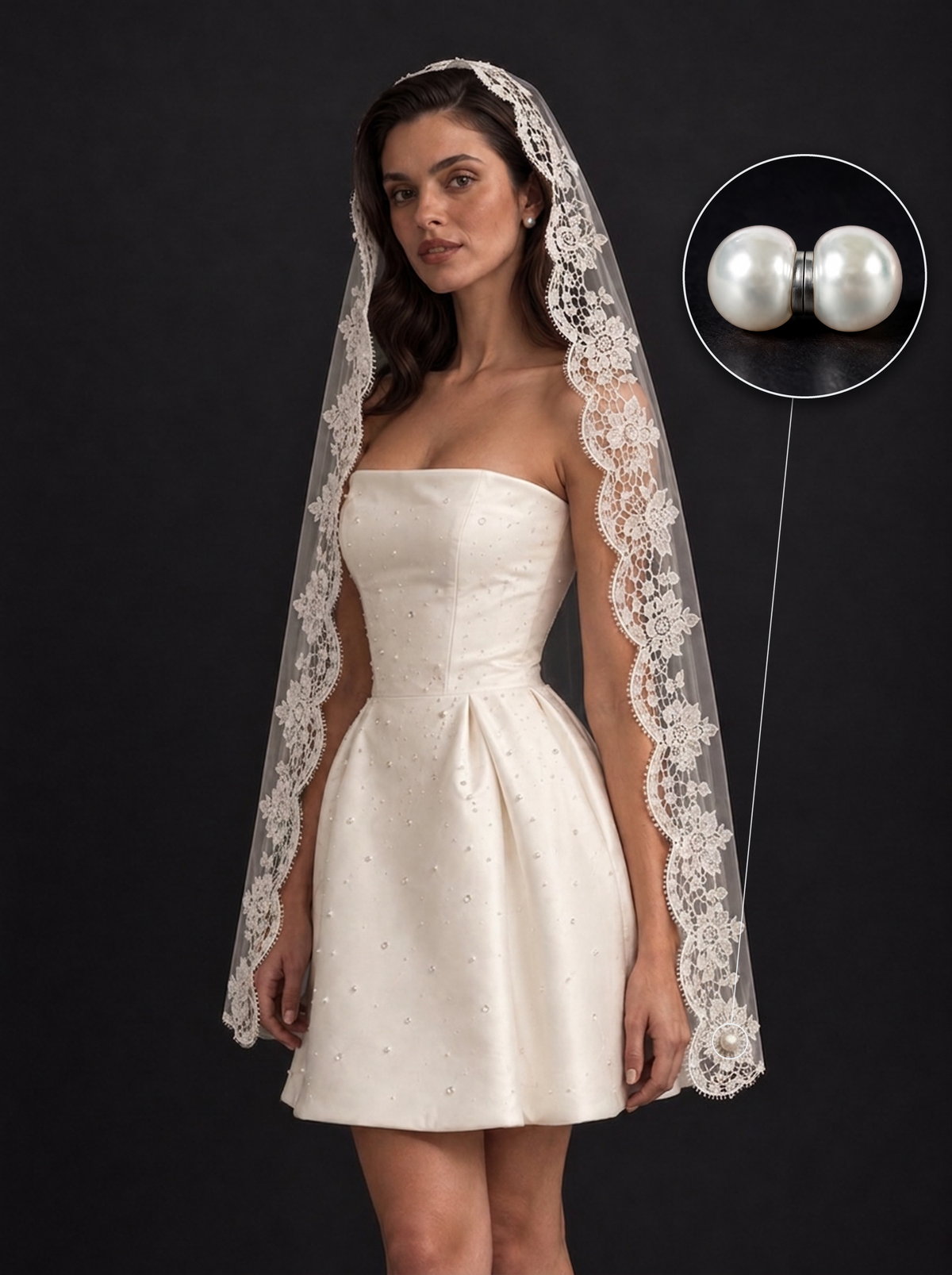 The Pearl Veil Weights — pearl weights clipped along the hem of a lace veil